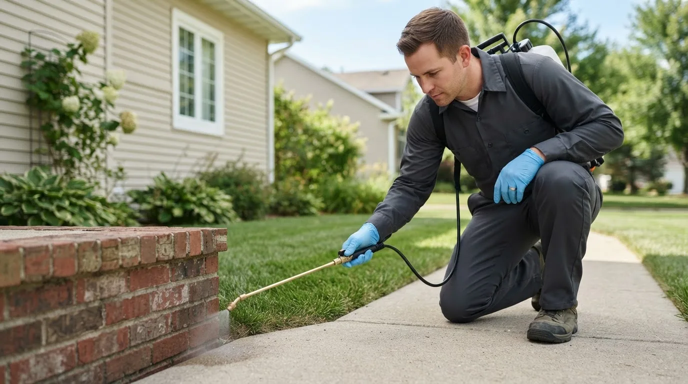 Pest control technician treating a home near Wesley, IA