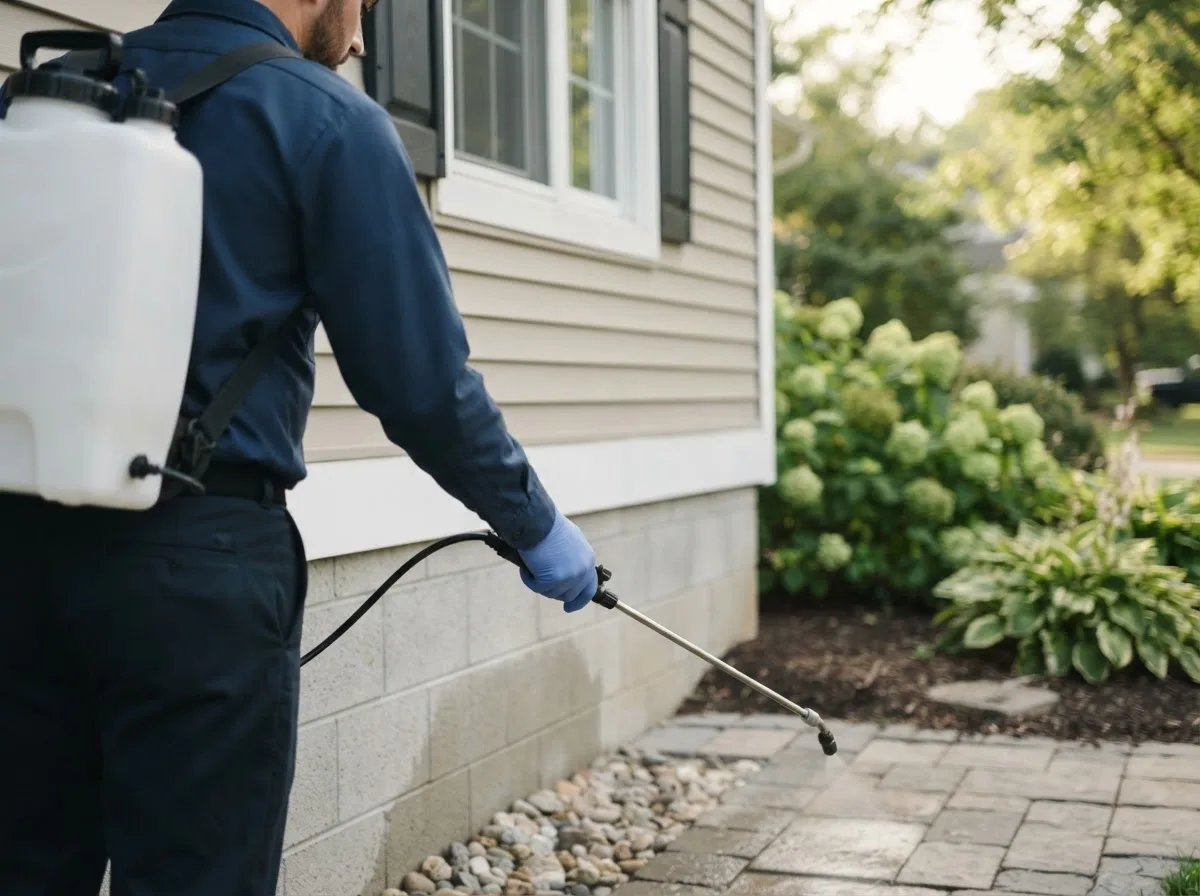 Pest control technician inspecting a home in Wesley, IA